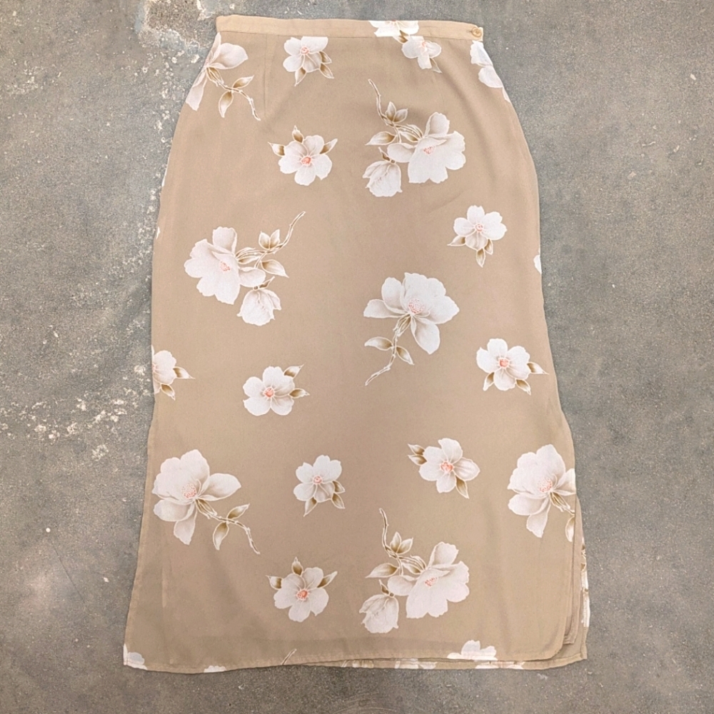 Vintage 90s Tan and Cream Floral Maxi Skirt
